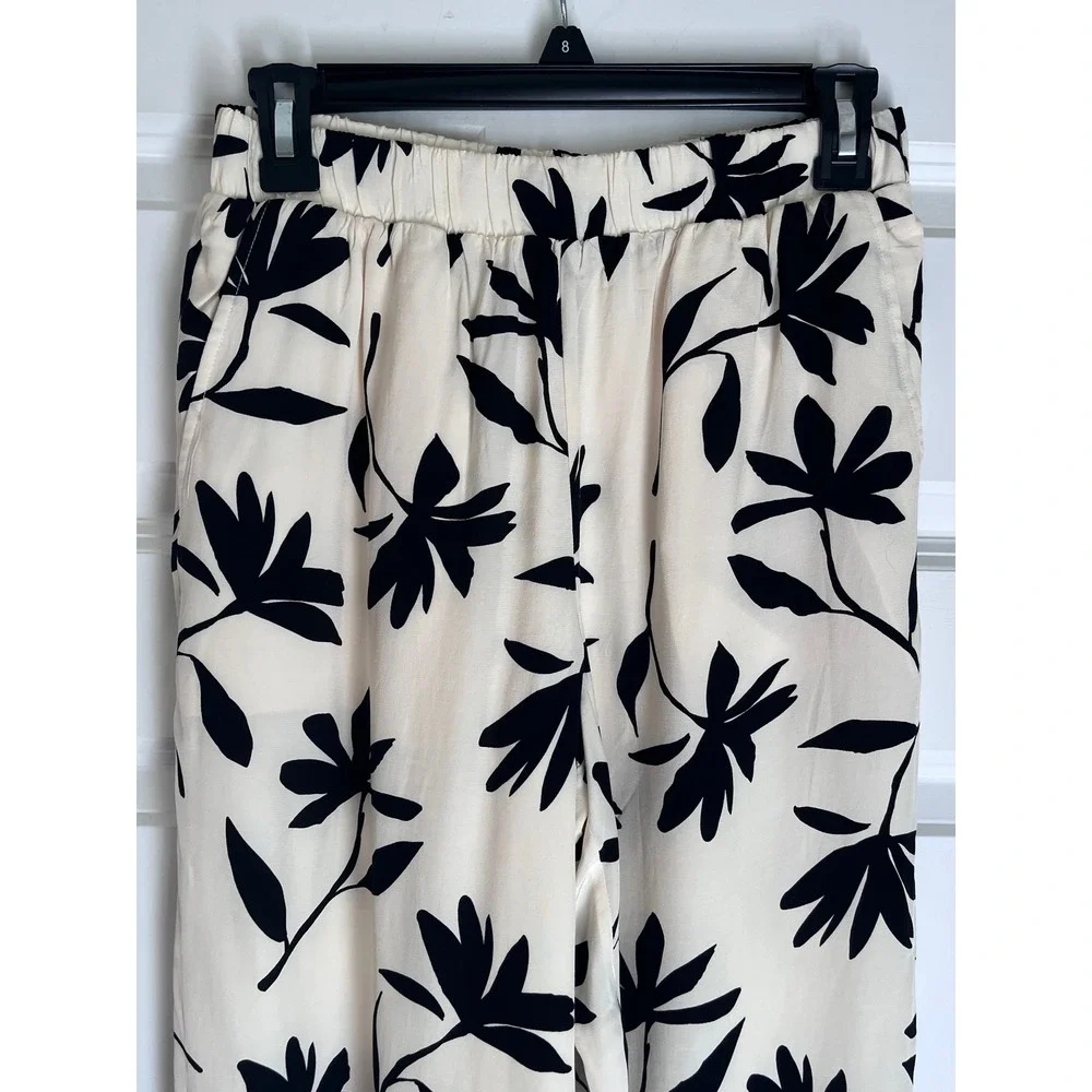 NWT Anine Bing Owen Cream Black Floral Wide Leg Elastic Waist Pants Small - Picture 7 of 9
